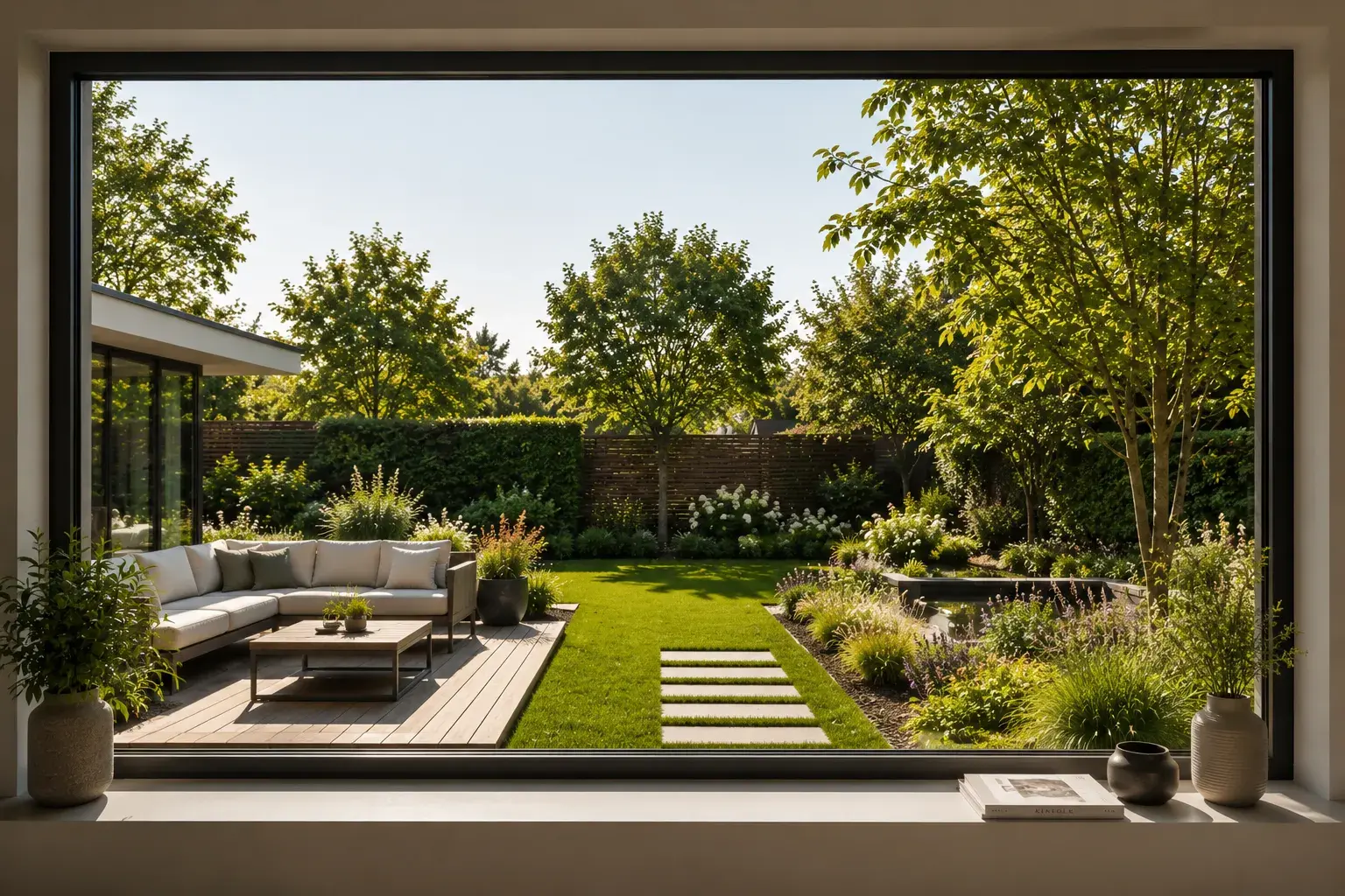 Blick durch eine bodentiefe Fensterfront auf Terrasse, Rasen und Staudenbeete im Garten